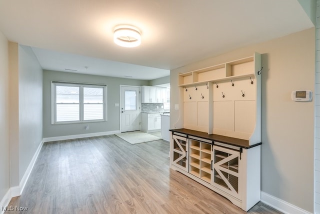 mudroom with light hardwood / wood-style flooring