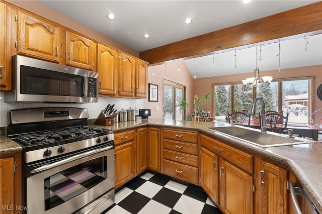 kitchen featuring sink, stainless steel appliances, lofted ceiling with beams, backsplash, and a chandelier