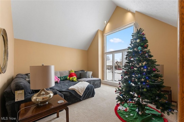 carpeted living room featuring a healthy amount of sunlight and lofted ceiling