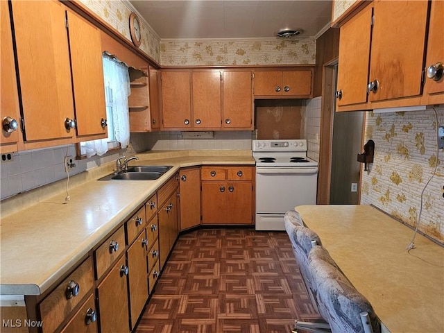 kitchen featuring tasteful backsplash, sink, and white electric range oven