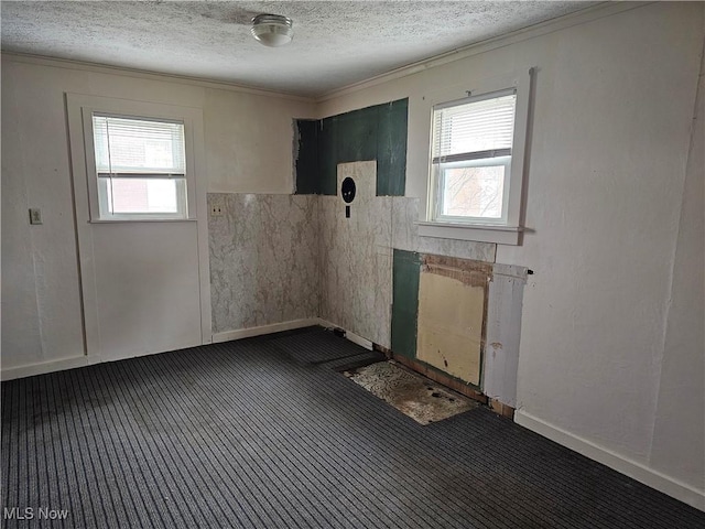 carpeted spare room with plenty of natural light and a textured ceiling