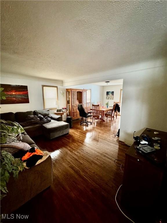 living room with wood-type flooring and a textured ceiling