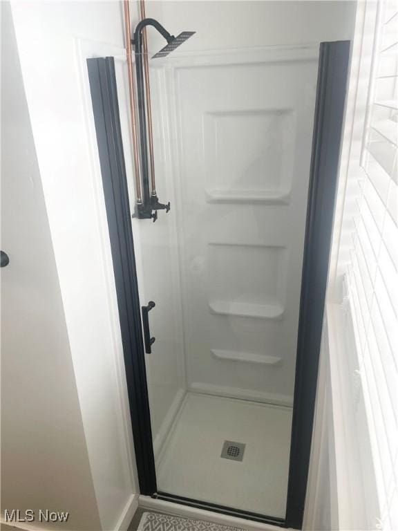 bathroom featuring a shower with door