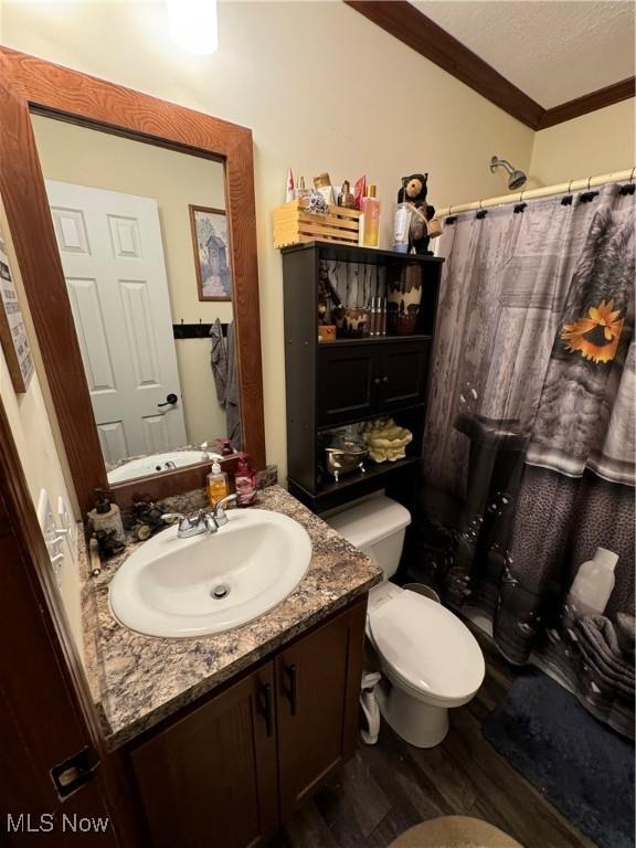 bathroom featuring vanity, crown molding, wood-type flooring, toilet, and curtained shower