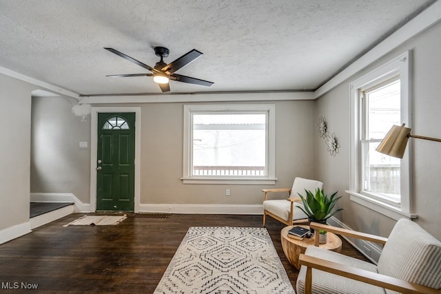 entryway featuring a healthy amount of sunlight, a textured ceiling, and dark wood-type flooring