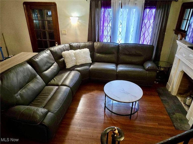 living room with a premium fireplace and dark wood-type flooring