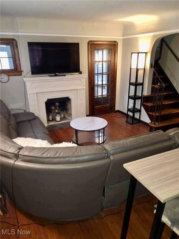 living room featuring wood-type flooring and a premium fireplace