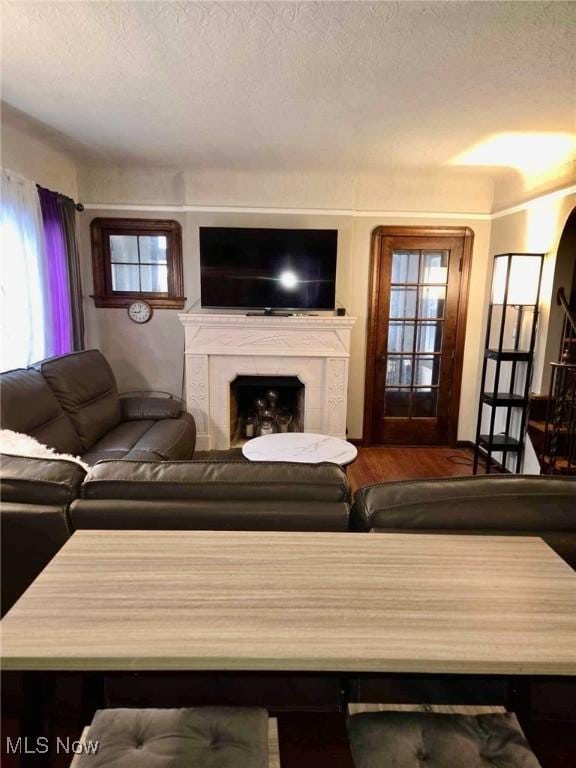 living room featuring a premium fireplace and a textured ceiling