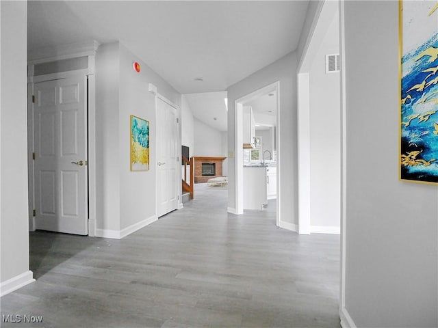 corridor with light hardwood / wood-style floors and sink