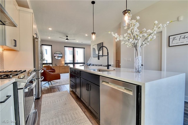 kitchen with a ceiling fan, a sink, dark wood-type flooring, appliances with stainless steel finishes, and open floor plan