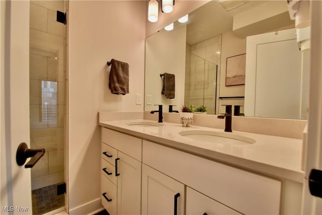 bathroom featuring a sink, double vanity, and a stall shower