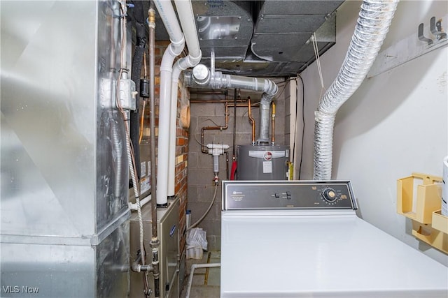 utility room featuring washer / clothes dryer, water heater, and heating unit