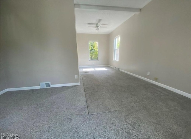 unfurnished room with carpet, ceiling fan, and beamed ceiling