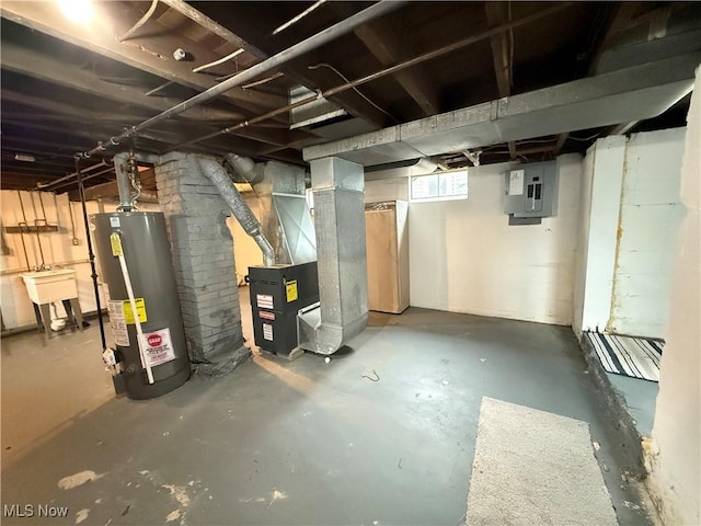 747 Brownell Ave, Lorain, OH 44052 - basement with heating unit, water heater, a sink, and electric panel