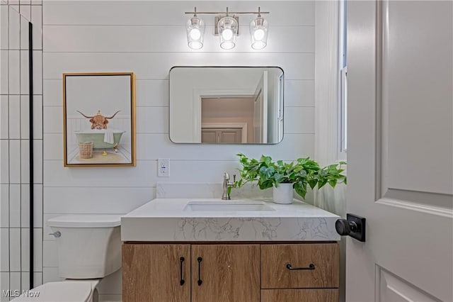 bathroom featuring vanity, toilet, and wooden walls