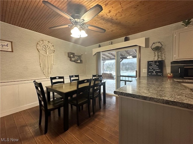 dining space featuring ceiling fan, wooden ceiling, and dark hardwood / wood-style floors