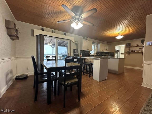 dining room featuring ceiling fan, dark hardwood / wood-style floors, and wood ceiling