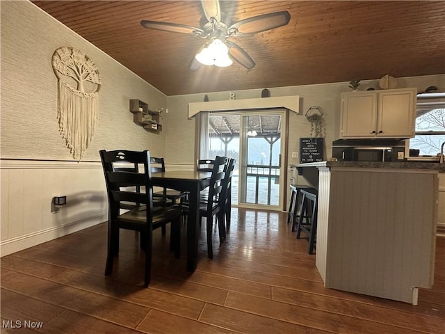 dining room with wood ceiling, ceiling fan, dark wood-type flooring, and vaulted ceiling