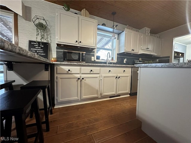 kitchen with extractor fan, dark wood-type flooring, sink, wooden ceiling, and white cabinets