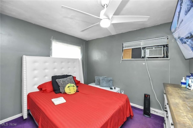 bedroom with ceiling fan and dark colored carpet