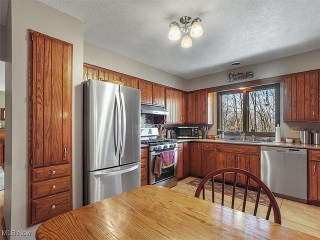 kitchen with appliances with stainless steel finishes, decorative backsplash, a textured ceiling, and sink