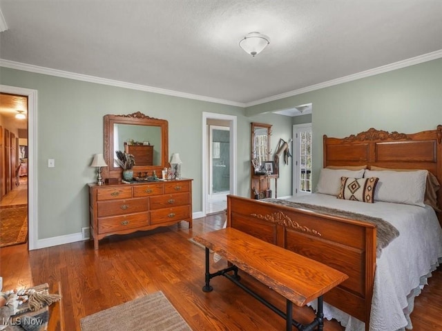 bedroom with ensuite bathroom, crown molding, and dark hardwood / wood-style floors