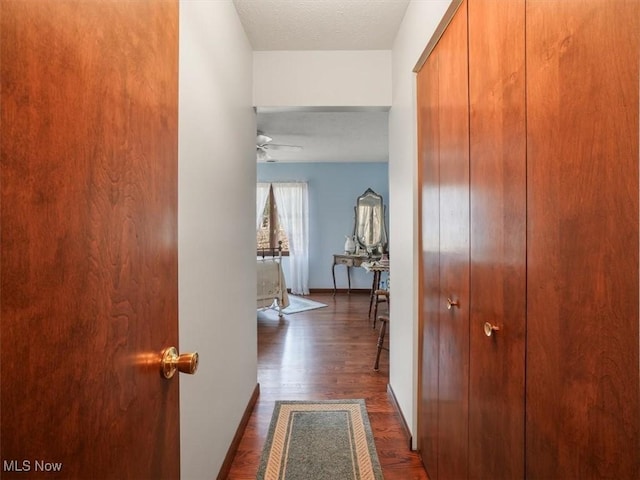 hallway with a textured ceiling and dark hardwood / wood-style flooring