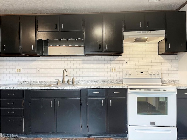 kitchen featuring electric range, light stone counters, sink, and tasteful backsplash