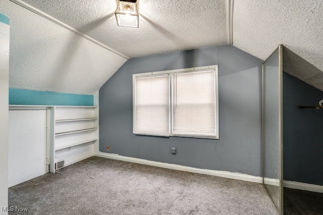 additional living space with carpet flooring, a textured ceiling, and lofted ceiling