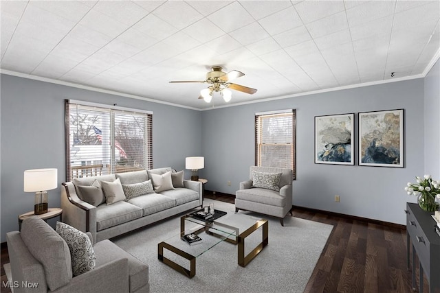 living room with dark hardwood / wood-style floors, ceiling fan, and ornamental molding