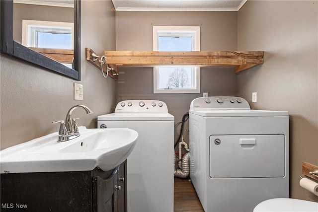 laundry room featuring dark hardwood / wood-style floors, washing machine and dryer, ornamental molding, and sink