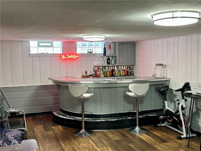 bar with gray cabinetry, dark hardwood / wood-style floors, and a textured ceiling