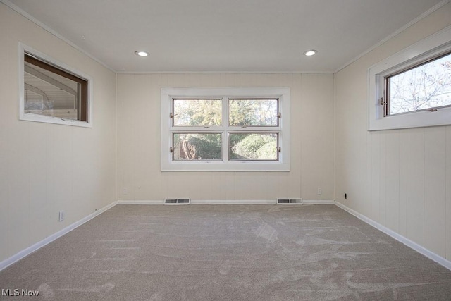 unfurnished room featuring light colored carpet, crown molding, and a healthy amount of sunlight