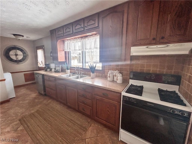 kitchen featuring ventilation hood, sink, tile patterned flooring, and white electric stove