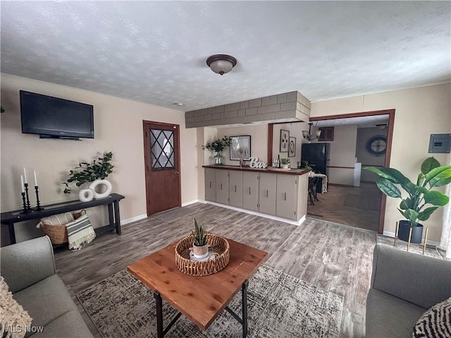 living room with a textured ceiling and hardwood / wood-style flooring