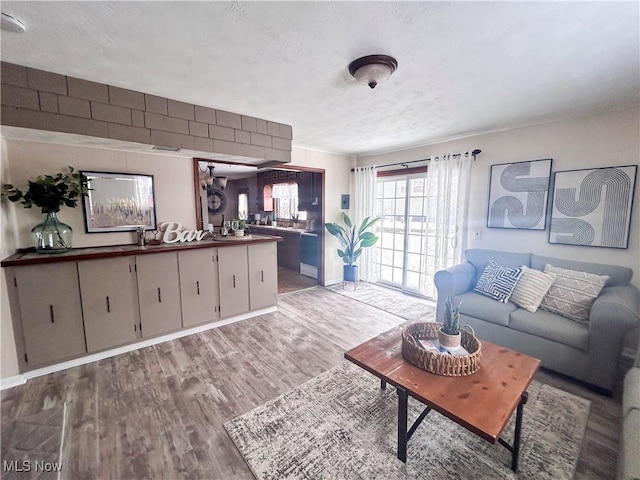 living room featuring light wood-type flooring and a textured ceiling