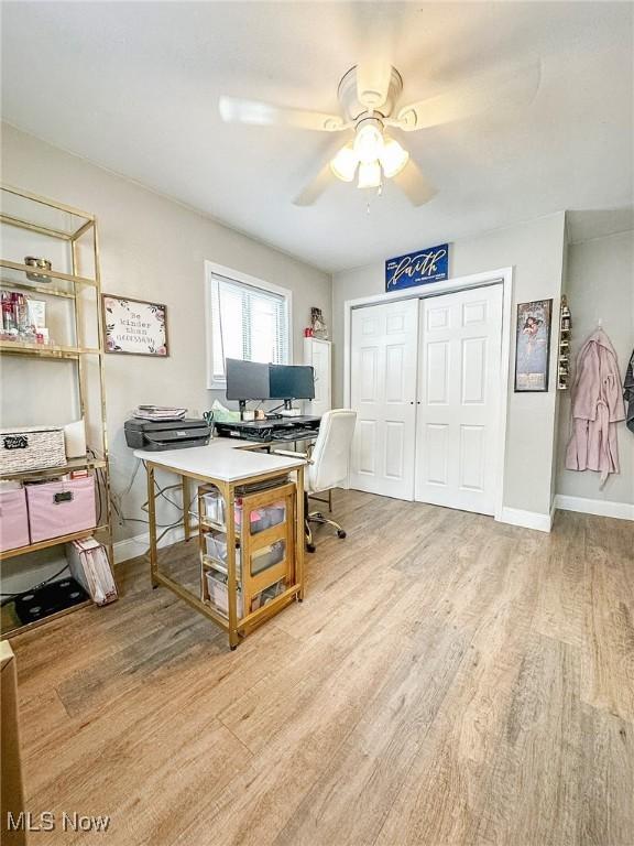 office space with ceiling fan and light wood-type flooring