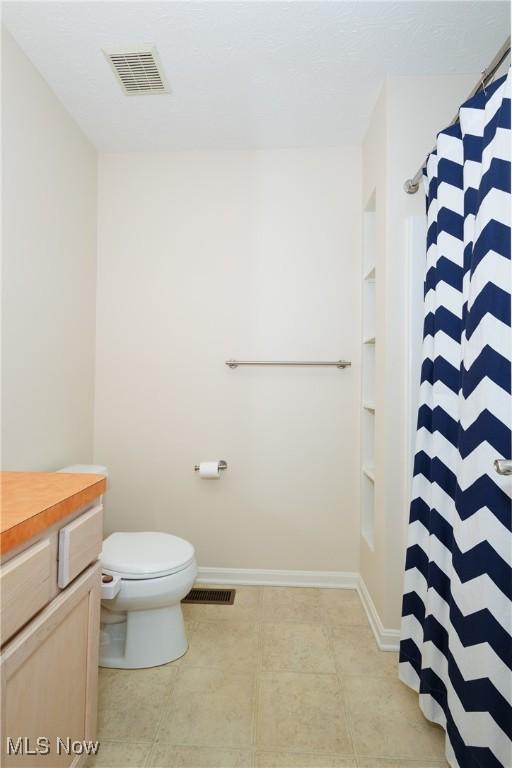 bathroom featuring vanity, a shower with curtain, and toilet