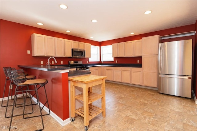 kitchen with stainless steel appliances, kitchen peninsula, and sink