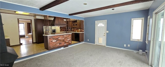 kitchen with kitchen peninsula, premium range hood, beam ceiling, carpet floors, and white fridge with ice dispenser