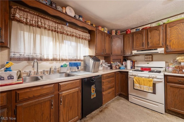 kitchen with gas range gas stove, dishwasher, sink, a textured ceiling, and light carpet