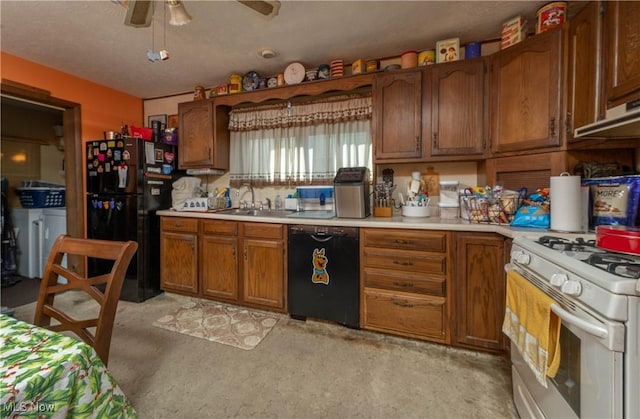 kitchen featuring black appliances, ceiling fan, and sink