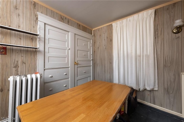 interior space featuring radiator and wooden walls