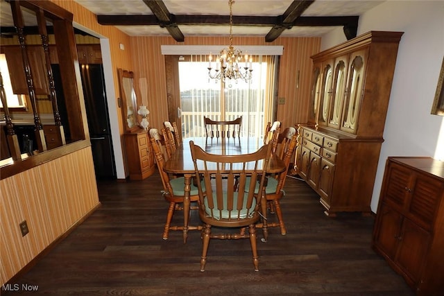 dining area with beam ceiling, dark hardwood / wood-style floors, coffered ceiling, and an inviting chandelier