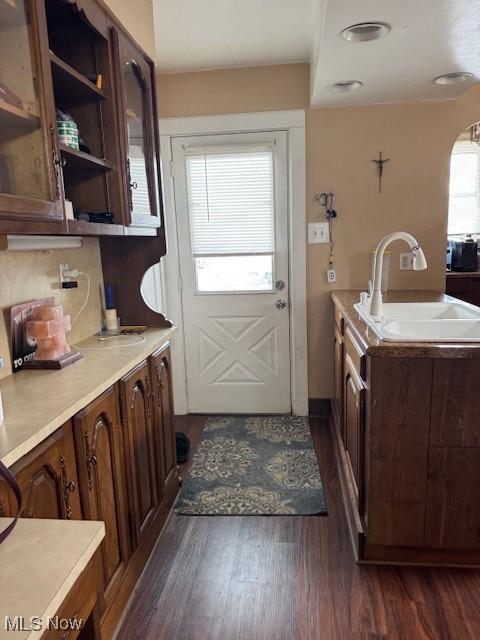 kitchen featuring decorative backsplash, dark brown cabinetry, sink, and dark wood-type flooring