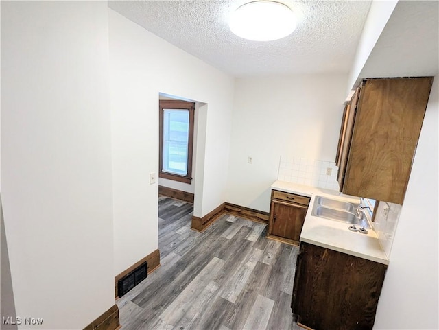 bathroom featuring backsplash, hardwood / wood-style floors, vanity, and a textured ceiling