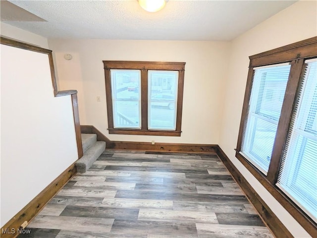 empty room featuring a textured ceiling and dark wood-type flooring