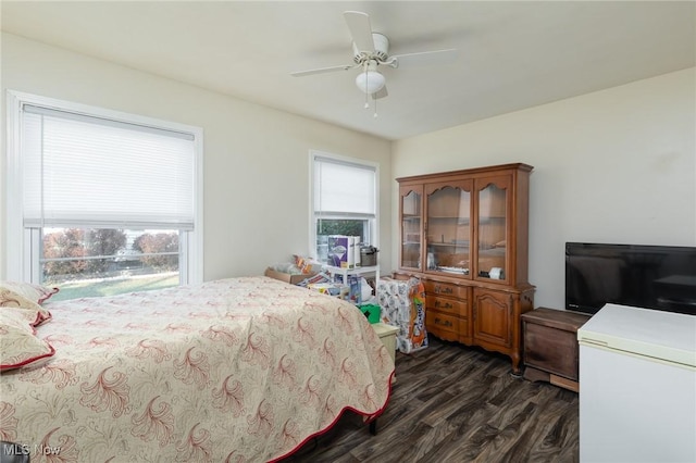 bedroom featuring multiple windows, ceiling fan, and dark hardwood / wood-style flooring