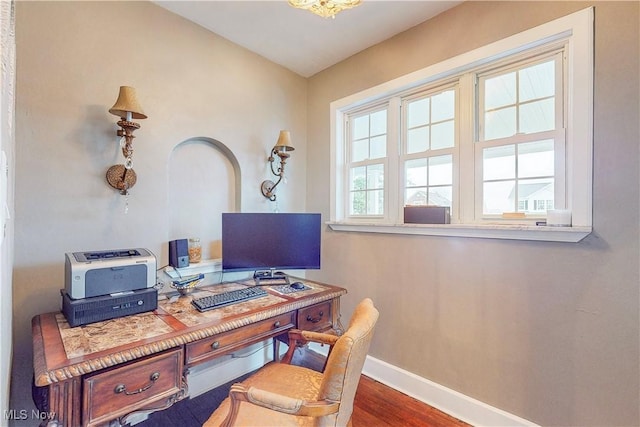 home office with hardwood / wood-style floors