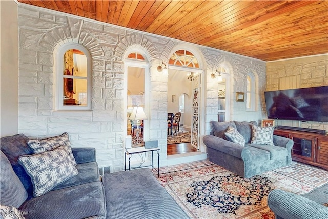 living room with wooden ceiling